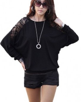Womens-Ladies-Stylish-Sexy-Hot-Loose-Batwing-Dolman-Lace-Blouses-Top-T-shirt-Batwing-Style-Long-Sleeves-Loose-Style-LUK-10-12-black-0