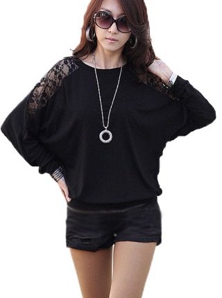 Womens-Ladies-Stylish-Sexy-Hot-Loose-Batwing-Dolman-Lace-Blouses-Top-T-shirt-Batwing-Style-Long-Sleeves-Loose-Style-LUK-10-12-black-0