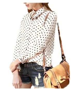 Womens-Lapel-Polka-Dot-Button-T-Shirt-Chiffon-Tops-Long-Sleeve-OL-Blouse-UK-8-20-4-COLORS-White-0