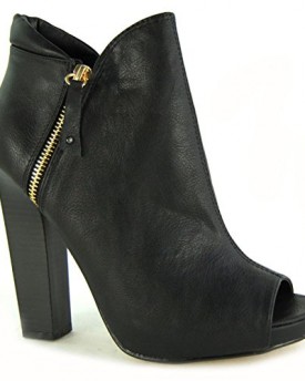 Womens-Peep-Toe-Ankle-Boot-Zip-Trim-Ladies-Mid-High-Block-Heel-Platform-Bootie-Black-Faux-Leather-Size-4-UK-0
