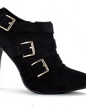 Womens-Pointed-Toe-Ankle-Boot-Ladies-High-Heel-Triple-Buckle-Biker-Military-Style-Bootie-Black-Faux-Suede-Size-6-UK-0