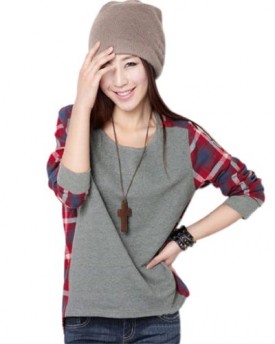 Womens-Red-Plaid-Grid-Pattern-Gray-Loose-Long-Sleeve-T-Shirts-UKM-ASIAXL-0