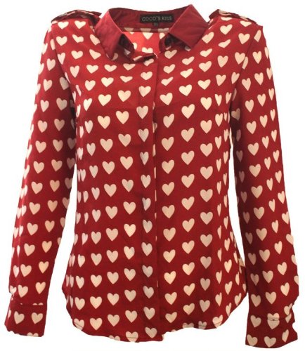 Women's Red Sweet Heart Print Long Sleeve Blouse Shirt Tops 3 Sizes (S  653329)