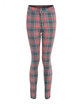 Womens-Red-Tartan-High-Waisted-Skinny-Jeans-Ladies-0