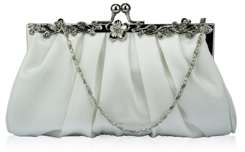 Womens Ruched Satin Bridal Evening Contrast Metal Decoration Party Clutch Purse Handbag - Image 3