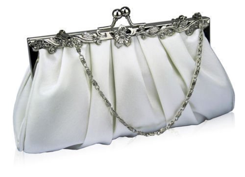 Womens Ruched Satin Bridal Evening Contrast Metal Decoration Party Clutch Purse Handbag - Image 4