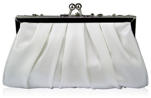 Womens Ruched Satin Bridal Evening Contrast Metal Decoration Party Clutch Purse Handbag - Image 5