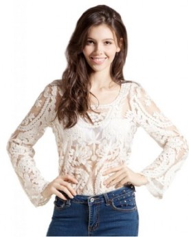 Womens-Sexy-Flower-Lace-Semi-Sheer-Embroidered-Crochet-Top-Blouse-T-Shirt-Uk-10-TagM-Cream-0