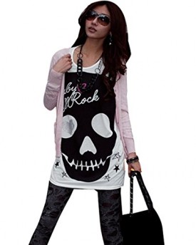 Womens-Skull-Print-Blouse-Short-Sleeve-Oversize-Top-Loose-Long-T-shirt-Mini-Dress-L-0
