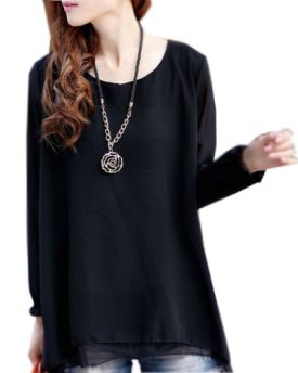 Womens-Slim-Crew-Neck-Long-Chiffon-Top-T-Shirt-0