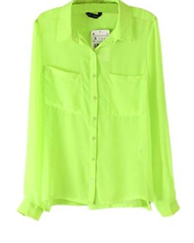 Womens-Solid-Chiffon-Sheer-Notched-Collar-Shirt-Blouse-Tops-2-PocketsGreenUK10CN-L-0