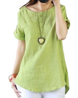 Womens-Summer-Casual-Linen-Cotton-Short-Sleeve-Shirt-Blouse-Top-XL-UK-L-Light-green-0
