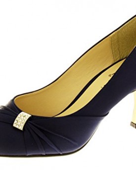 Womens-Wedding-Shoes-Diamante-Satin-Bridesmaid-Kitten-Heels-Court-Shoes-Navy-Blue-UK-6-0