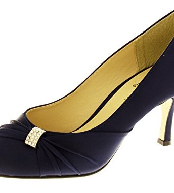 Womens-Wedding-Shoes-Diamante-Satin-Bridesmaid-Kitten-Heels-Court-Shoes-Navy-Blue-UK-6-0