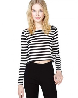 Zeagoo-Women-Rock-Stripe-Long-Sleeve-T-Shirt-Short-Crop-Top-Blouse-M-0