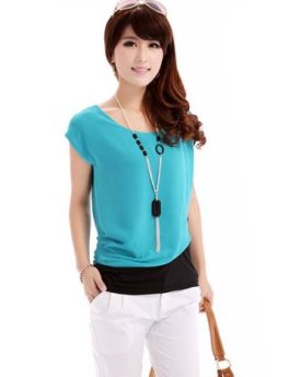 Zehui-Womens-Crew-Neck-Block-Color-Short-Sleeve-Shirt-Chiffon-Tops-Blouse-Blue-UK12-0