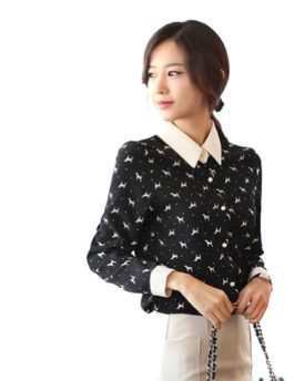 Zehui-Womens-Dog-Printed-Lapel-OL-Chiffon-Long-Sleeve-Button-Down-Shirt-Blouse-Tops-Black-UK8-0