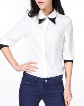 Zehui-Womens-Double-layer-Collar-chiffon-half-Sleeve-Contrast-color-Shirt-Tops-Blouse-UK10-0